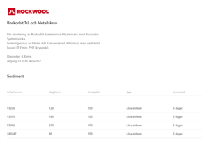 Produktdatablad, Rockorbit Trä och Metallskruv