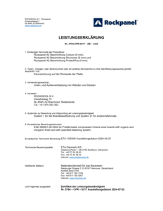 Leistungserklärung Rockpanel A2 9mm - DE